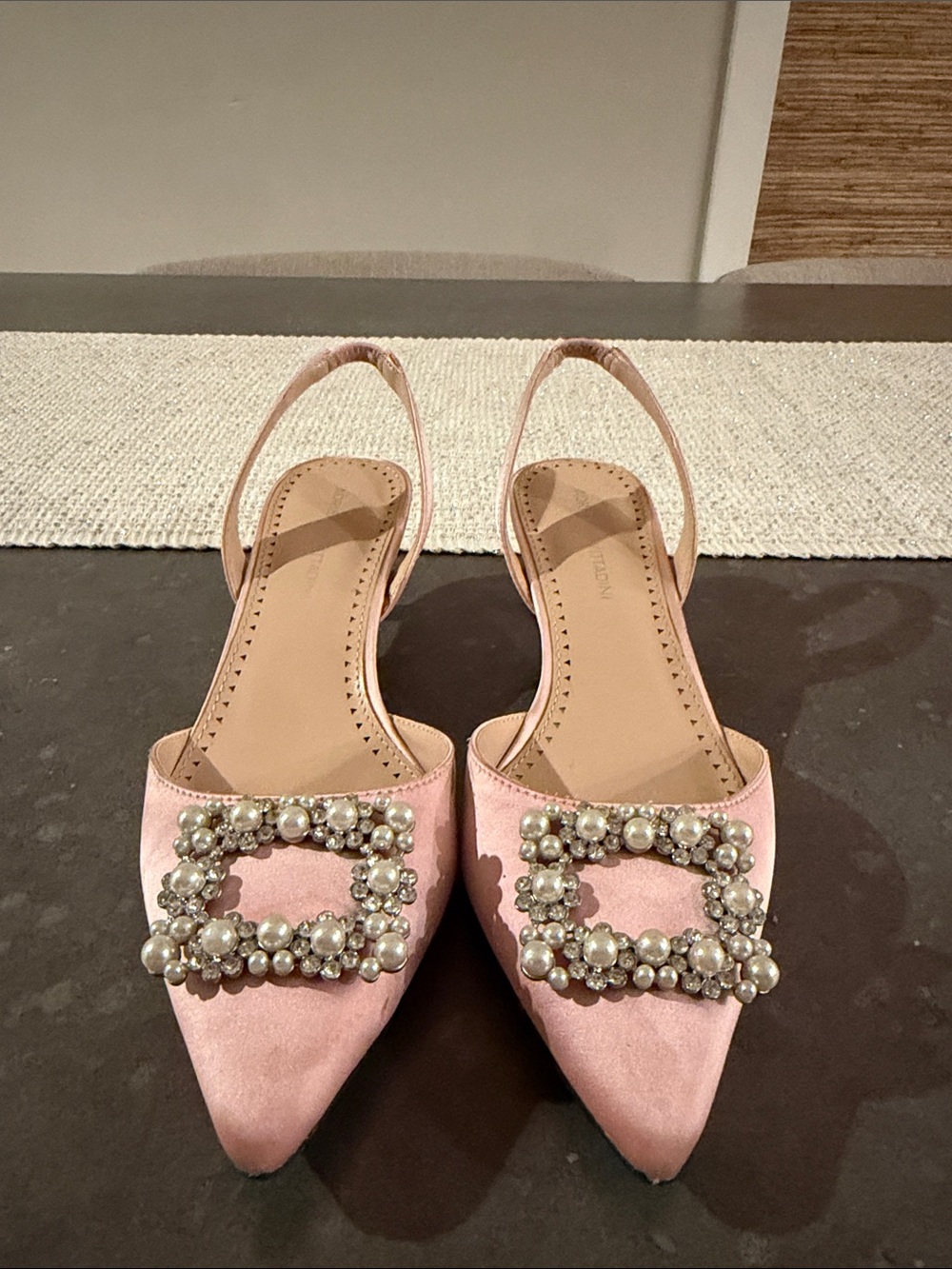 Adrienne Vittadini Pink Satin Pointed Pearl Buckle Slingbacks